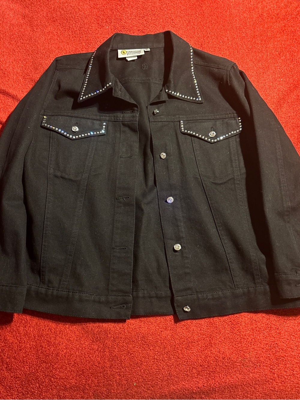 Christine Alexander Studded pockets & Collar Black Denim Jacket Size XL